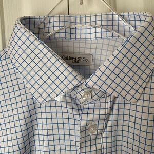 Collars & Co Polo Shirt L Blue White Check Short Sleeve Semi Spread Lightweight